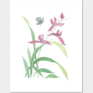 Orchids and Butterfly, watercolor painting Posters and Art